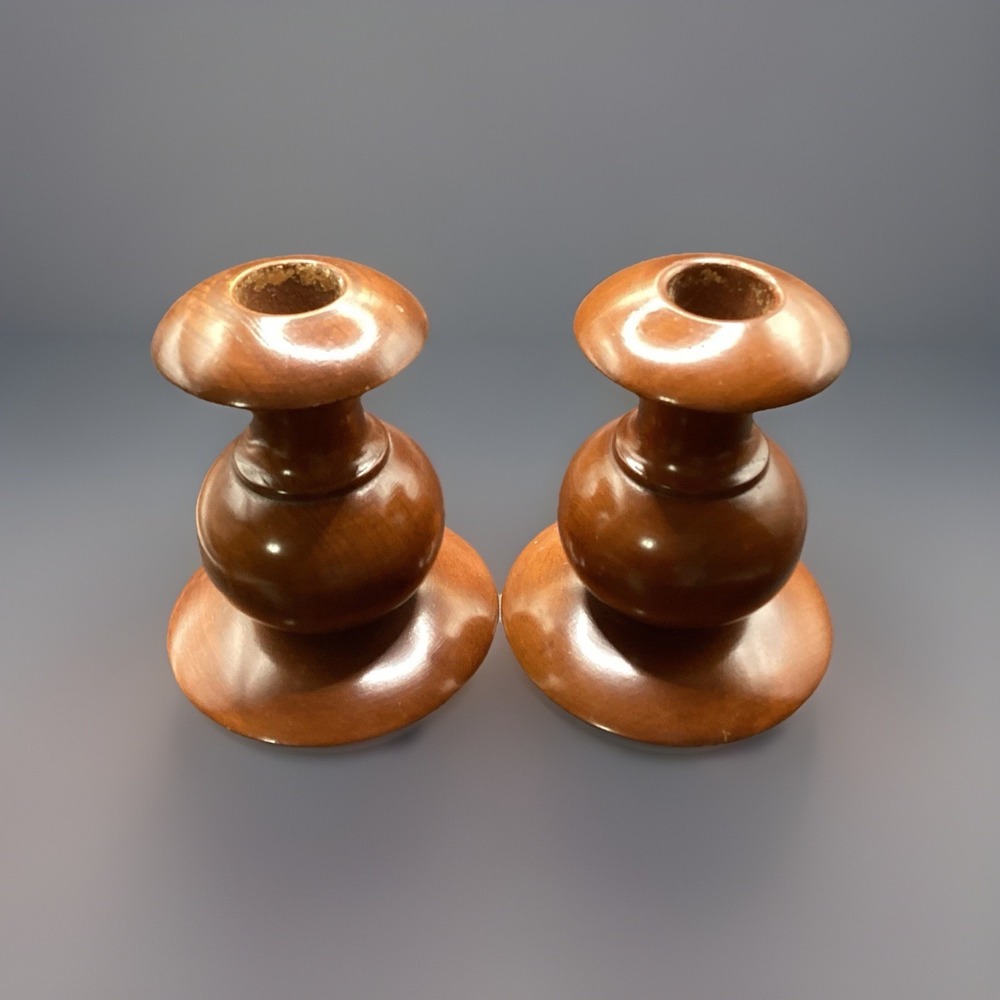 Vintage Pair Of Turned Wood Candle Holders w/ Felt Bottoms 4.25" Tall Decor